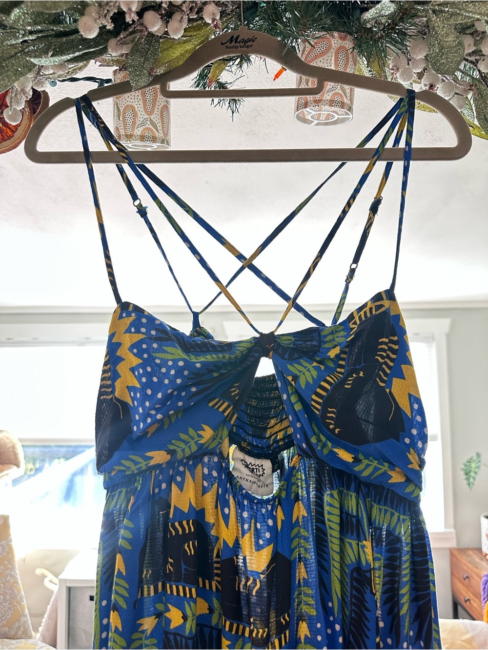 Anthropologie Imerti Blue & Yellow Tropical Panther Maxi Dress - Womens L